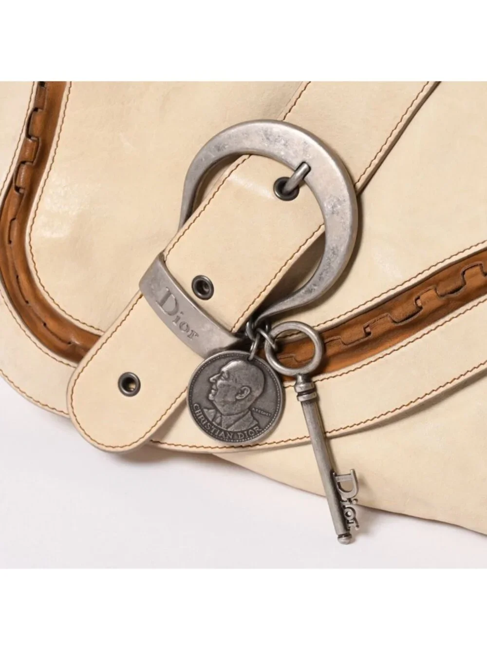 Dior Gaucho Saddle Tote Shoulder Bag Galliano Era Leather Beige